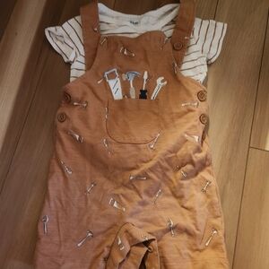 Toddler Tan Overall Set with Tool Print